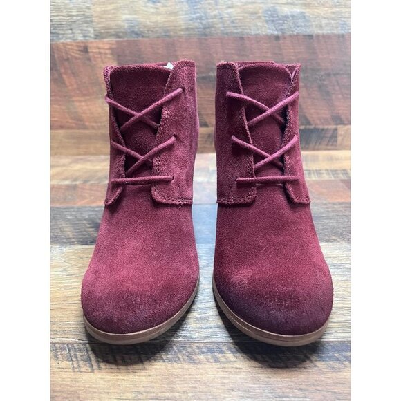 Toms Women's Lunata Lace Up Heeled Ankle Bootie Maroon Suede Size 6.5 - Picture 2 of 8